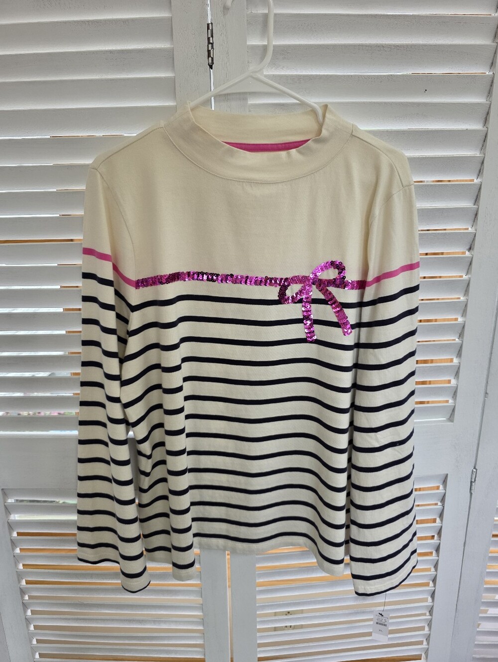 Talbot Women's Striped Long Sleeve Knit Top with Pink Sequin Bow Size XL